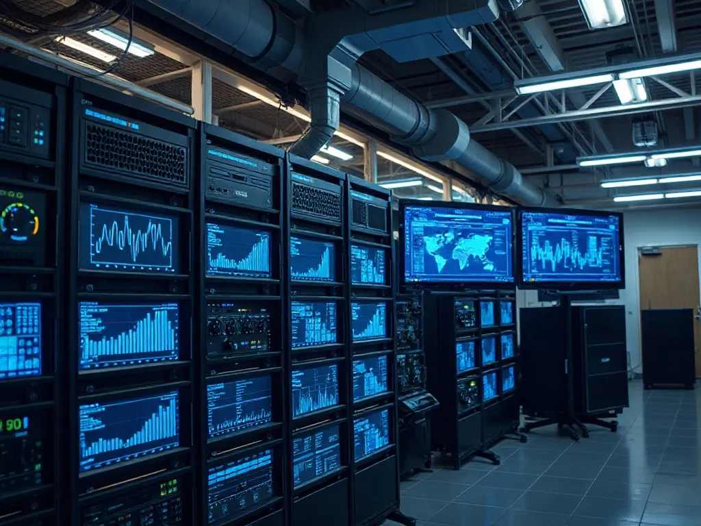 A high-tech laboratory environment with server racks and blu