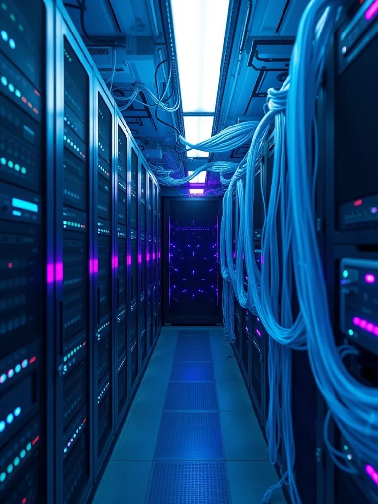 A high-tech laboratory server room with glowing cyan and vio