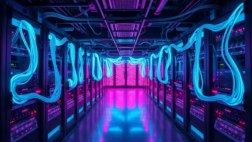 A high-tech server room with glowing cyan and violet cables,