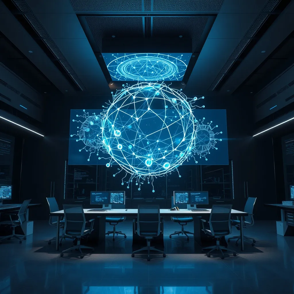 Modern high-tech office environment, holographic screens sho